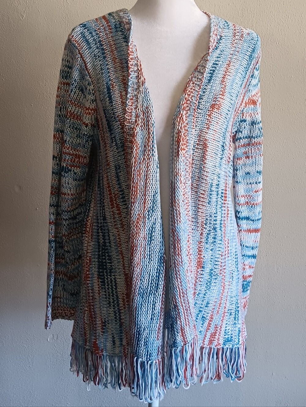 Open Front Boho Multicolor Fringe Knit Cardigan D & Co Canyon Retreat Sz. Small